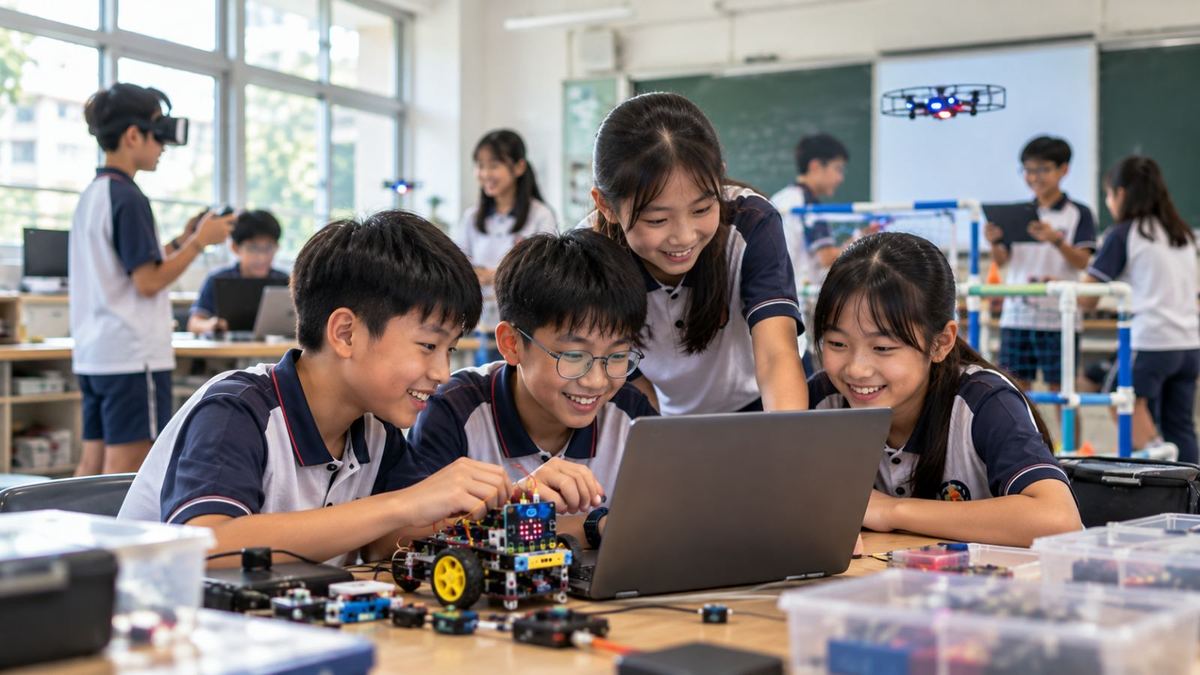 學生圍著筆電討論機器人程式